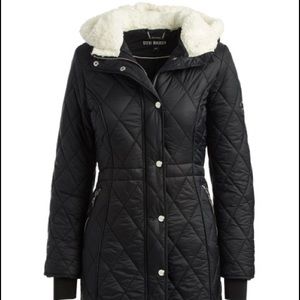 NWT Steve Madden Black Sherpa Trim Quilted Anorak